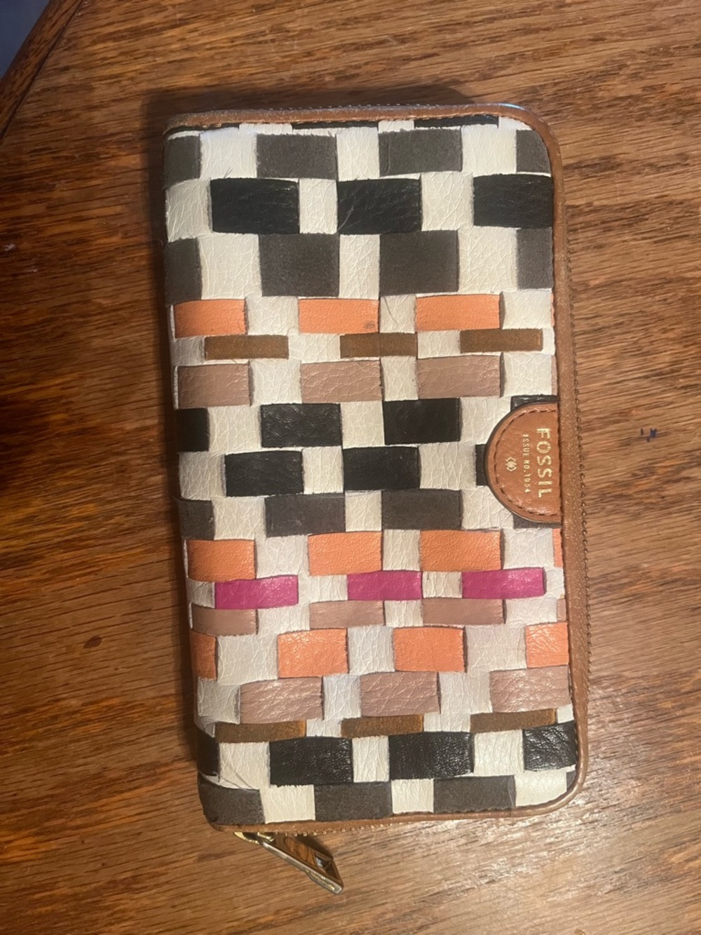 Fossil Cream, Black, Tan and Orange Woven Zip Wallet